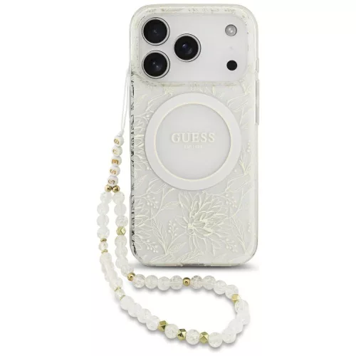 Guess Case Magsafe IML Case Flowers Electroplated Allover Beads Strap iPhone 17 Pro tok, fehér