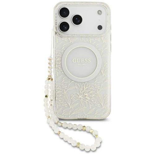 Guess Case Magsafe IML Case Flowers Electroplated Allover Beads Strap iPhone 17 Pro Max tok, fehér