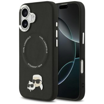   Karl Lagerfeld case Magsafe PU case Karl&Choupette heads pins logo and metal camera buttons iPhone 17 tok, fekete