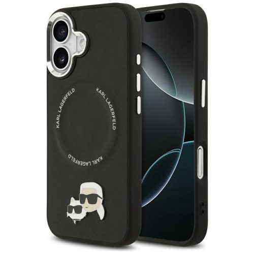 Karl Lagerfeld case Magsafe PU case Karl&Choupette heads pins logo and metal camera buttons iPhone 17 tok, fekete