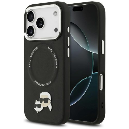 Karl Lagerfeld case Magsafe PU case Karl&Choupette heads pins logo and metal camera buttons iPhone 17 Pro tok, fekete