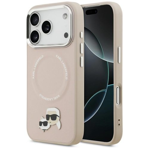 Karl Lagerfeld case Magsafe PU case Karl&Choupette heads pins logo and metal camera buttons iPhone 17 Pro Max tok, bézs