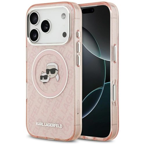 Karl Lagerfeld case Magsafe IML glitter case metal camera frame and buttons Karl and Choupette heads on KL repeated logo iPhone 17 Pro tok, rózsaszín