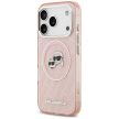 Karl Lagerfeld case Magsafe IML glitter case metal camera frame and buttons Karl and Choupette heads on KL repeated logo iPhone 17 Pro tok, rózsaszín