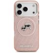Karl Lagerfeld case Magsafe IML glitter case metal camera frame and buttons Karl and Choupette heads on KL repeated logo iPhone 17 Pro tok, rózsaszín