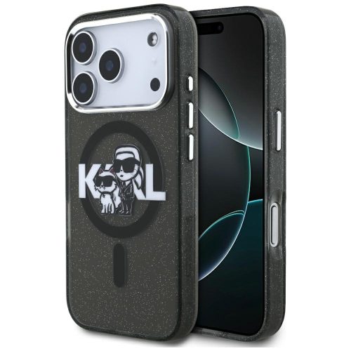 Karl Lagerfeld case Magsafe IML glitter case metal camera frame and buttons Karl and Choupette sketch logo iPhone 17 Pro tok, átlátszó
