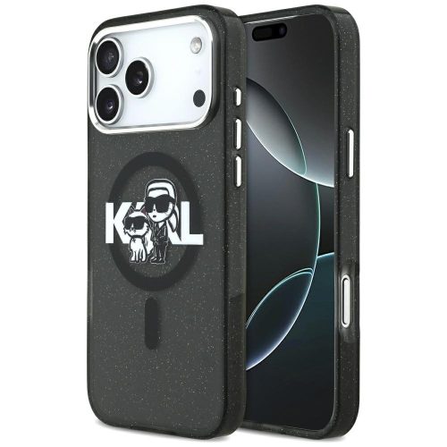 Karl Lagerfeld case Magsafe IML glitter case metal camera frame and buttons Karl and Choupette sketch logo iPhone 17 Pro Max tok, átlátszó