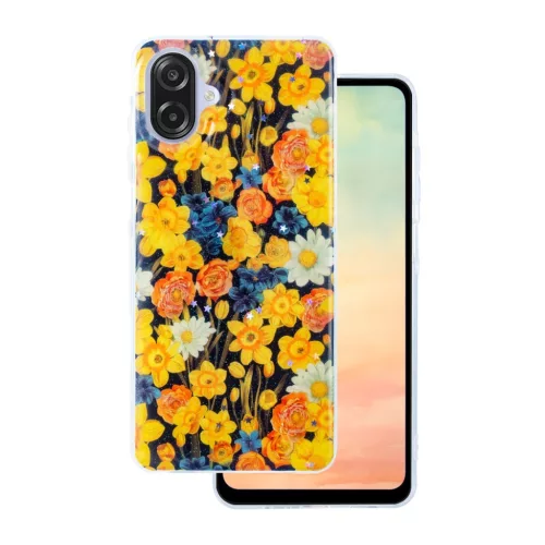 Glow Glam case Samsung Galaxy A07 4G tok, narancs virágmintás, színes