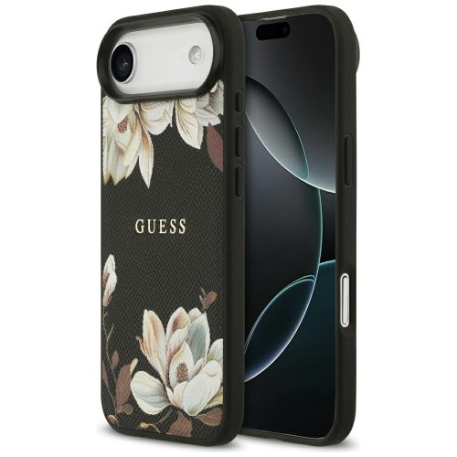 Guess Grained Flowers Classic Logo MagSafe case iPhone 17 Air tok, fekete