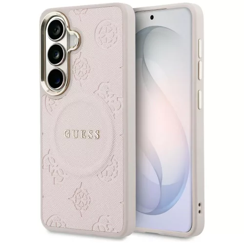Guess Saffiano Peony Embossed Ring MagSafe Samsung Galaxy S26 tok, rózsaszín