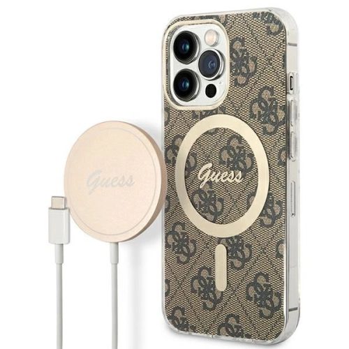 Guess Szett GUBPP13LH4EACSW Tok + Magsafe töltő iPhone 13 Pro hátlap, 4G Print, barna
