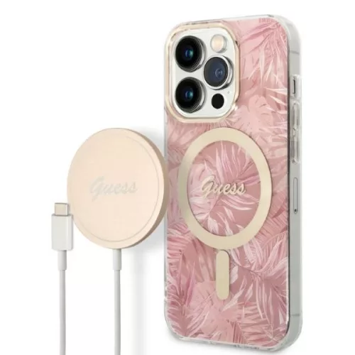 Guess iPhone 14 Pro Jungle MagSafe (GUBPP14LHJEACSP) hátlap, tok és Magsafe vezeték nélküli wireless töltő, rózsaszín