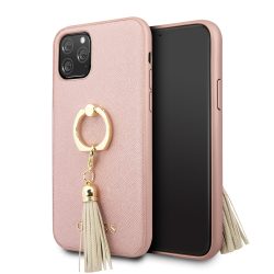   Guess iPhone 11 Pro Max Saffiano Collection hátlap, tok, selfie gyűrűvel, rozé arany
