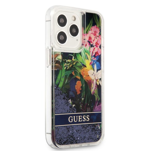 Guess iPhone 13 Pro Liquid Glitter Flower (GUHCP13LLFLSB) hátlap, tok, kék