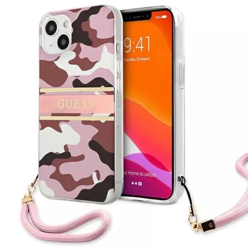 Guess GUHCP13MKCABPI Camo Strap Collection iPhone 13 6.1" różowy /, hátlap, tok, rózsaszín