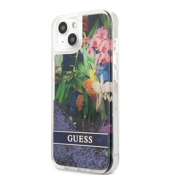 Guess iPhone 13 Mini Liquid Glitter Flower (GUHCP13SLFLSB) hátlap, tok, kék