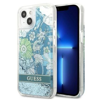   Guess GUHCP13SLFLSN Flower Liquid Glitter iPhone 13 mini 5.4", hátlap, tok, zöld