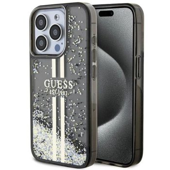   Guess Liquid Glitter Gold Stripes hátlap, tok iPhone 15 Pro, fekete