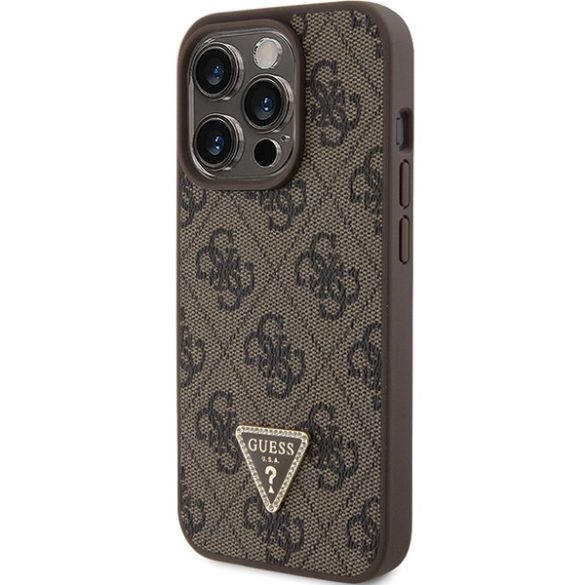 Guess iPhone 15 Pro Leather Triangle Strass (GUHCP15LP4TDPP) hátlap, tok, barna