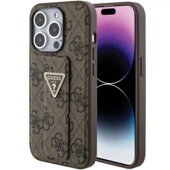   Guess Grip Stand 4G Triangle Strass hátlap, tok iPhone 15 Pro, barna