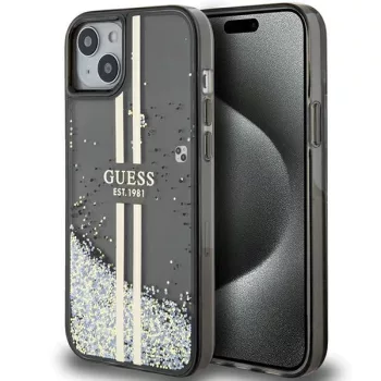   Guess Liquid Glitter Gold Stripes hátlap, tok iPhone 15 Plus/14 Plus, fekete