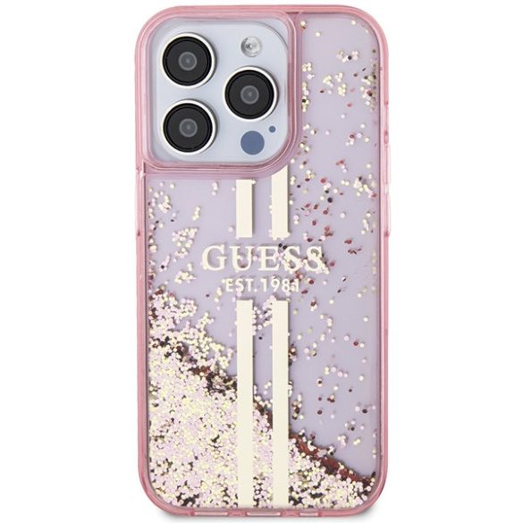 Guess iPhone 15 Pro Max Gold Stripes Liquid Glitter (GUHCP15XLFCSEGP) hátlap, tok, rózsaszín