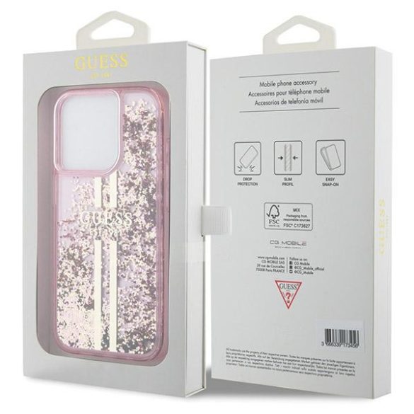 Guess iPhone 15 Pro Max Gold Stripes Liquid Glitter (GUHCP15XLFCSEGP) hátlap, tok, rózsaszín