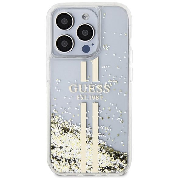 Guess iPhone 15 Pro Max Gold Stripes Liquid Glitter (GUHCP15XLFCSEGT) hátlap, tok, arany