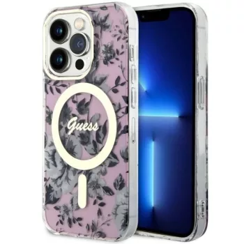   Guess GUHMP14LHCFWSP iPhone 14 Pro 6.1" hátlap, tok Flower MagSafe, rózsaszín