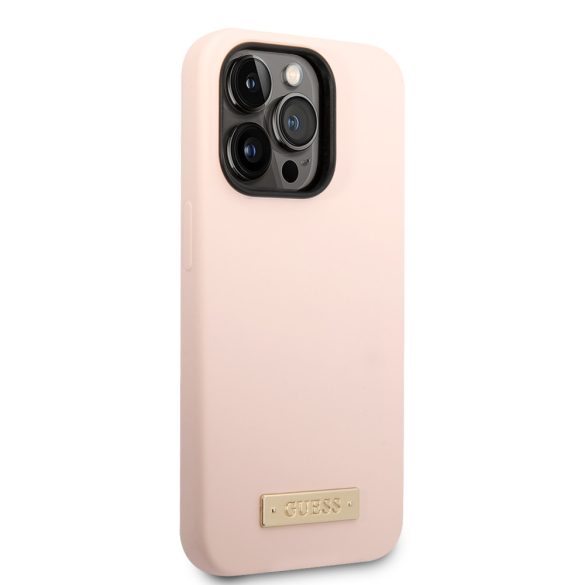 Guess iPhone 14 Silicone Metal Logo MagSafe (GUHMP14LSBPLP) Magsafe kompatibilis hátlap, tok, rózsaszín