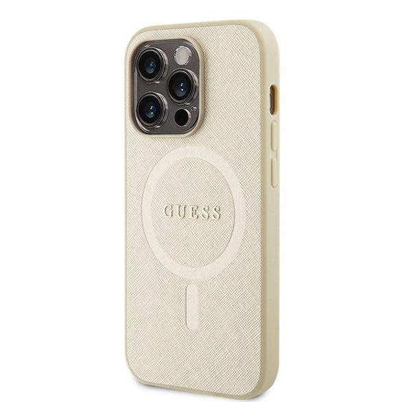 Guess iPhone 15 Pro Saffiano MagSafe (GUHMP15LPSAHMCB) magsafe kompatibilis hátlap, tok, arany