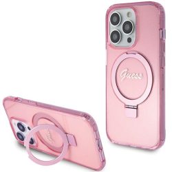   Guess iPhone 15 Pro Max Ring Stand Script Glitter MagSafe (GUHMP15XHRSGSP) magsafe kompatibilis hátlap, tok, kitámasztóval, rózsaszín