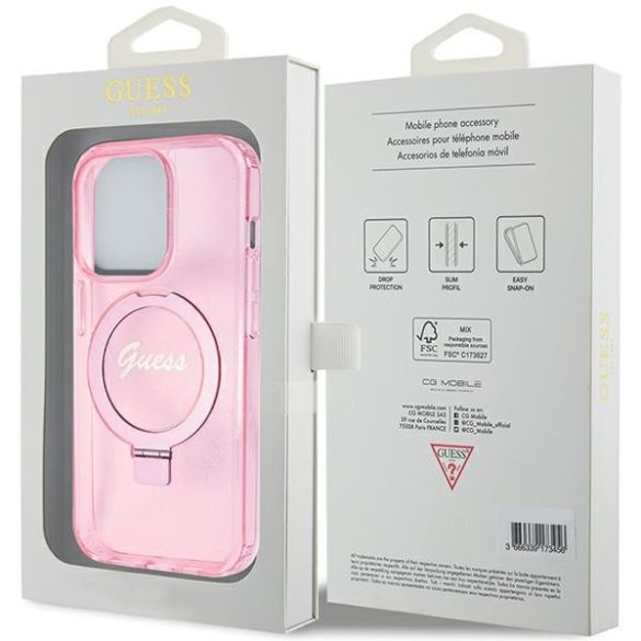 Guess iPhone 15 Pro Max Ring Stand Script Glitter MagSafe (GUHMP15XHRSGSP) magsafe kompatibilis hátlap, tok, kitámasztóval, rózsaszín