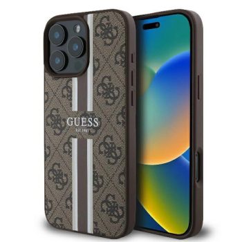   Guess GUHMP16LP4RPSW iPhone 16 Pro 6.3" barna keménytok 4G nyomtatott csíkokkal MagSafe