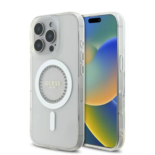 Guess GUHMP16LPFTDTEH iPhone 16 Pro 6.3" biały/fehér keménytok IML strasszos MagSafe IML keménytok