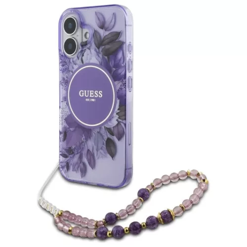 Guess iPhone 16 Magsafe IML Flowers Pearl Strap (GUHMP16SHFWBRCESU) MagSafe hátlap, tok, lila
