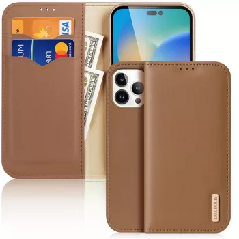   Dux Ducis Hivo bőr Flip Cover eredeti bőr oldalra nyíló tok kártyatartóval iPhone 14 Pro Max, barna