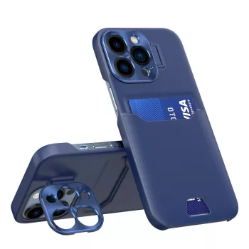   Leather Stand Case iPhone 14 Pro cover card wallet with stand, kék