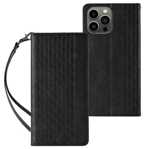 Magnet Strap oldalra nyíló tok iPhone 14 Pro Flip Wallet Mini Lanyard Stand, fekete