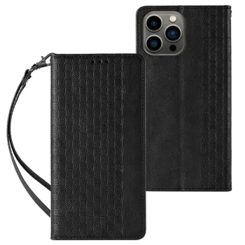   Magnet Strap oldalra nyíló tok iPhone 14 Flip Wallet Mini Lanyard Stand, fekete