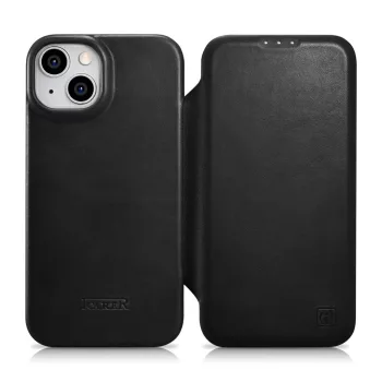   iCarer CE olajviasz prémium bőr fóliatok bőr tok iPhone 14 Plus mágneses Flip MagSafe, fekete