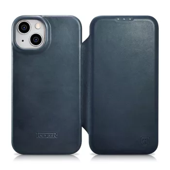   iCarer CE olajviasz prémium bőr fóliatok iPhone 14 Plus mágneses flip tok MagSafe, kék