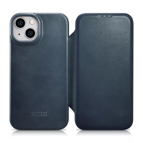 iCarer CE olajviasz prémium bőr fóliatok iPhone 14 Plus mágneses flip tok MagSafe, kék