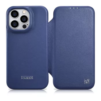   iCarer CE prémium bőr fóliatok iPhone 14 Pro mágneses flip bőr fóliatok MagSafe, kék