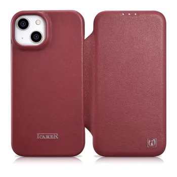   iCarer CE prémium bőr fóliatok iPhone 14 Plus mágneses bőr flip fóliatok MagSafe, piros