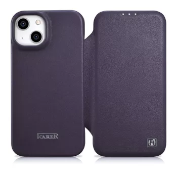   iCarer CE prémium bőr fóliatok iPhone 14 Plus mágneses bőr flip fóliatok MagSafe, lila