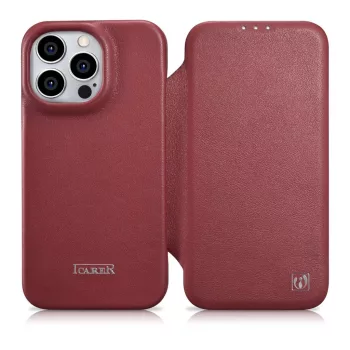   iCarer CE prémium bőr fóliatok iPhone 14 Pro Max mágneses flip tok, MagSafe, piros