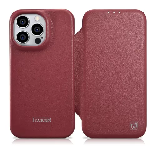 iCarer CE prémium bőr fóliatok iPhone 14 Pro Max mágneses flip tok, MagSafe, piros