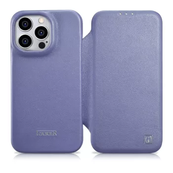   iCarer CE prémium bőr fóliatok iPhone 14 Pro Max mágneses flip bőr fóliatok MagSafe világos, lila