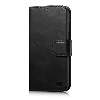   iCarer olajviasz tárca tok 2in1 Cover iPhone 14 Plus Anti-RFID bőr Flip Case, fekete